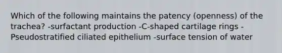 Which of the following maintains the patency (openness) of the trachea? -surfactant production -C-shaped cartilage rings -Pseudostratified ciliated epithelium -surface tension of water