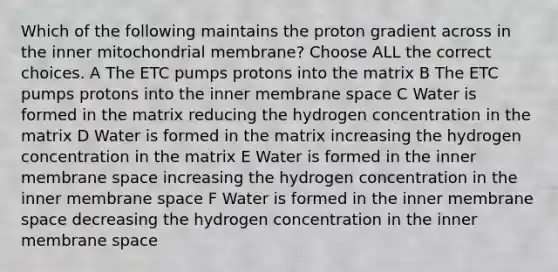 Which of the following maintains the proton gradient across in the inner mitochondrial membrane? Choose ALL the correct choices. A The ETC pumps protons into the matrix B The ETC pumps protons into the inner membrane space C Water is formed in the matrix reducing the hydrogen concentration in the matrix D Water is formed in the matrix increasing the hydrogen concentration in the matrix E Water is formed in the inner membrane space increasing the hydrogen concentration in the inner membrane space F Water is formed in the inner membrane space decreasing the hydrogen concentration in the inner membrane space