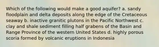 Which of the following would make a good aquifer? a. sandy floodplain and delta deposits along the edge of the Cretaceous seaway b. inactive granitic plutons in the Pacific Northwest c. clay and shale sediment filling half grabens of the Basin and Range Province of the western United States d. highly porous scoria formed by volcanic eruptions in Indonesia