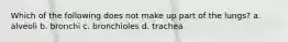 Which of the following does not make up part of the lungs? a. alveoli b. bronchi c. bronchioles d. trachea