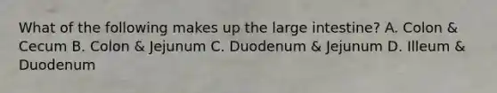 What of the following makes up the large intestine? A. Colon & Cecum B. Colon & Jejunum C. Duodenum & Jejunum D. Illeum & Duodenum