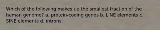 Which of the following makes up the smallest fraction of the human genome? a. protein-coding genes b. LINE elements c. SINE elements d. introns