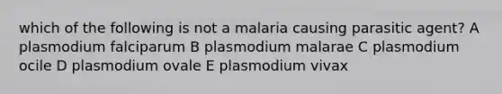 which of the following is not a malaria causing parasitic agent? A plasmodium falciparum B plasmodium malarae C plasmodium ocile D plasmodium ovale E plasmodium vivax