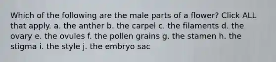 Which of the following are the male parts of a flower? Click ALL that apply. a. the anther b. the carpel c. the filaments d. the ovary e. the ovules f. the pollen grains g. the stamen h. the stigma i. the style j. the embryo sac