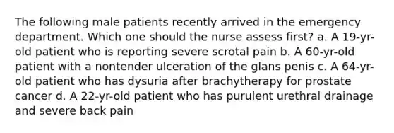 The following male patients recently arrived in the emergency department. Which one should the nurse assess first? a. A 19-yr-old patient who is reporting severe scrotal pain b. A 60-yr-old patient with a nontender ulceration of the glans penis c. A 64-yr-old patient who has dysuria after brachytherapy for prostate cancer d. A 22-yr-old patient who has purulent urethral drainage and severe back pain