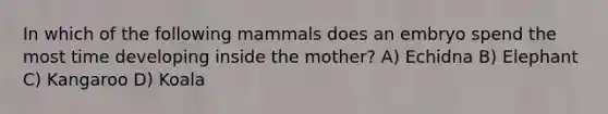 In which of the following mammals does an embryo spend the most time developing inside the mother? A) Echidna B) Elephant C) Kangaroo D) Koala