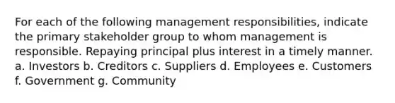 For each of the following management​ responsibilities, indicate the primary stakeholder group to whom management is responsible. Repaying principal plus interest in a timely manner. a. Investors b. Creditors c. Suppliers d. Employees e. Customers f. Government g. Community