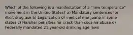 Which of the following is a manifestation of a "new temperance" movement in the United States? a) Mandatory sentences for illicit drug use b) Legalization of medical marijuana in some states c) Harsher penalties for crack than cocaine abuse d) Federally mandated 21-year-old drinking age laws