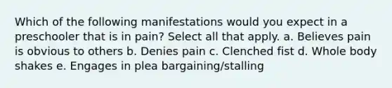 Which of the following manifestations would you expect in a preschooler that is in pain? Select all that apply. a. Believes pain is obvious to others b. Denies pain c. Clenched fist d. Whole body shakes e. Engages in plea bargaining/stalling