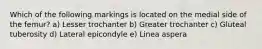 Which of the following markings is located on the medial side of the femur? a) Lesser trochanter b) Greater trochanter c) Gluteal tuberosity d) Lateral epicondyle e) Linea aspera