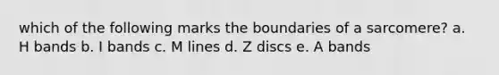 which of the following marks the boundaries of a sarcomere? a. H bands b. I bands c. M lines d. Z discs e. A bands