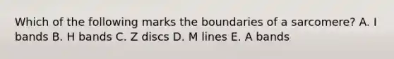 Which of the following marks the boundaries of a sarcomere? A. I bands B. H bands C. Z discs D. M lines E. A bands