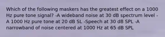 Which of the following maskers has the greatest effect on a 1000 Hz pure tone signal? -A wideband noise at 30 dB spectrum level -A 1000 Hz pure tone at 20 dB SL -Speech at 30 dB SPL -A narrowband of noise centered at 1000 Hz at 65 dB SPL