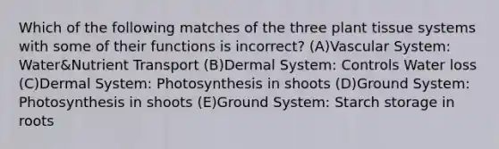 Which of the following matches of the three plant tissue systems with some of their functions is incorrect? (A)Vascular System: Water&Nutrient Transport (B)Dermal System: Controls Water loss (C)Dermal System: Photosynthesis in shoots (D)Ground System: Photosynthesis in shoots (E)Ground System: Starch storage in roots