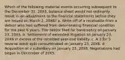 Which of the following material events occurring subsequent to the December 31, 20X5, balance sheet would not ordinarily result in an adjustment to the financial statements before they are issued on March 2, 20X6? a. Write-off of a receivable from a debtor who had suffered from deteriorating financial condition for the past 6 years. The debtor filed for bankruptcy on January 23, 20X5. b. Settlement of extended litigation on January 23, 20X6 in excess of the recorded year-end liability. c. A 3 for 5 reverse stock split consummated on January 23, 20X6. d. Acquisition of a subsidiary on January 23, 20X6. Negotiations had begun in December of 20X5.