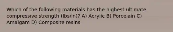 Which of the following materials has the highest ultimate compressive strength (lbs/in)? A) Acrylic B) Porcelain C) Amalgam D) Composite resins