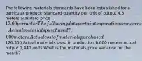 The following materials standards have been established for a particular product: Standard quantity per unit of output 4.5 meters Standard price 17.60 per meter The following data pertain to operations concerning the product for the last month: Actual materials purchased 7,000 meters Actual cost of materials purchased126,350 Actual materials used in production 6,600 meters Actual output 1,440 units What is the materials price variance for the month?