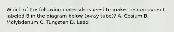 Which of the following materials is used to make the component labeled B in the diagram below (x-ray tube)? A. Cesium B. Molybdenum C. Tungsten D. Lead