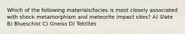 Which of the following materials/facies is most closely associated with shock metamorphism and meteorite impact sites? A) Slate B) Blueschist C) Gneiss D) Tektites