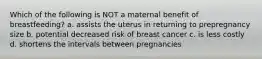 Which of the following is NOT a maternal benefit of breastfeeding? a. assists the uterus in returning to prepregnancy size b. potential decreased risk of breast cancer c. is less costly d. shortens the intervals between pregnancies