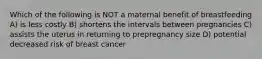 Which of the following is NOT a maternal benefit of breastfeeding A) is less costly B) shortens the intervals between pregnancies C) assists the uterus in returning to prepregnancy size D) potential decreased risk of breast cancer