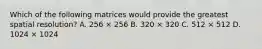 Which of the following matrices would provide the greatest spatial resolution? A. 256 × 256 B. 320 × 320 C. 512 × 512 D. 1024 × 1024