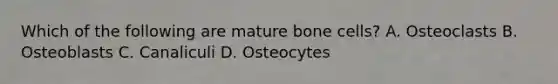 Which of the following are mature bone cells? A. Osteoclasts B. Osteoblasts C. Canaliculi D. Osteocytes