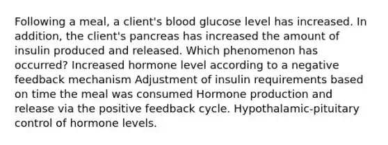 Following a meal, a client's blood glucose level has increased. In addition, the client's pancreas has increased the amount of insulin produced and released. Which phenomenon has occurred? Increased hormone level according to a negative feedback mechanism Adjustment of insulin requirements based on time the meal was consumed Hormone production and release via the positive feedback cycle. Hypothalamic-pituitary control of hormone levels.