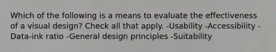 Which of the following is a means to evaluate the effectiveness of a visual design? Check all that apply. -Usability -Accessibility -Data-ink ratio -General design principles -Suitability