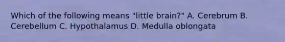 Which of the following means "little brain?" A. Cerebrum B. Cerebellum C. Hypothalamus D. Medulla oblongata