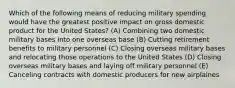 Which of the following means of reducing military spending would have the greatest positive impact on gross domestic product for the United States? (A) Combining two domestic military bases into one overseas base (B) Cutting retirement benefits to military personnel (C) Closing overseas military bases and relocating those operations to the United States (D) Closing overseas military bases and laying off military personnel (E) Canceling contracts with domestic producers for new airplaines