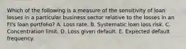 Which of the following is a measure of the sensitivity of loan losses in a particular business sector relative to the losses in an FI's loan portfolio? A. Loss rate. B. Systematic loan loss risk. C. Concentration limit. D. Loss given default. E. Expected default frequency.