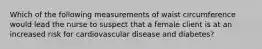 Which of the following measurements of waist circumference would lead the nurse to suspect that a female client is at an increased risk for cardiovascular disease and diabetes?