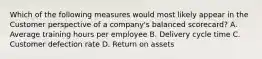 Which of the following measures would most likely appear in the Customer perspective of a company's balanced scorecard? A. Average training hours per employee B. Delivery cycle time C. Customer defection rate D. Return on assets