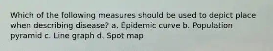 Which of the following measures should be used to depict place when describing disease? a. Epidemic curve b. Population pyramid c. Line graph d. Spot map