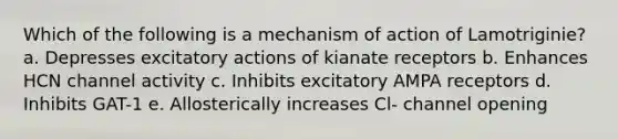 Which of the following is a mechanism of action of Lamotriginie? a. Depresses excitatory actions of kianate receptors b. Enhances HCN channel activity c. Inhibits excitatory AMPA receptors d. Inhibits GAT-1 e. Allosterically increases Cl- channel opening