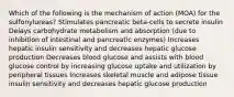 Which of the following is the mechanism of action (MOA) for the sulfonylureas? Stimulates pancreatic beta-cells to secrete insulin Delays carbohydrate metabolism and absorption (due to inhibition of intestinal and pancreatic enzymes) Increases hepatic insulin sensitivity and decreases hepatic glucose production Decreases blood glucose and assists with blood glucose control by increasing glucose uptake and utilization by peripheral tissues Increases skeletal muscle and adipose tissue insulin sensitivity and decreases hepatic glucose production