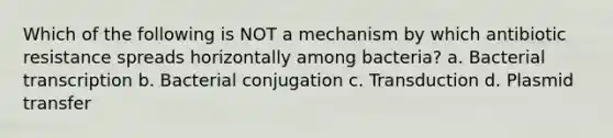 Which of the following is NOT a mechanism by which antibiotic resistance spreads horizontally among bacteria? a. Bacterial transcription b. Bacterial conjugation c. Transduction d. Plasmid transfer