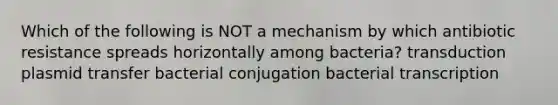 Which of the following is NOT a mechanism by which antibiotic resistance spreads horizontally among bacteria? transduction plasmid transfer bacterial conjugation bacterial transcription