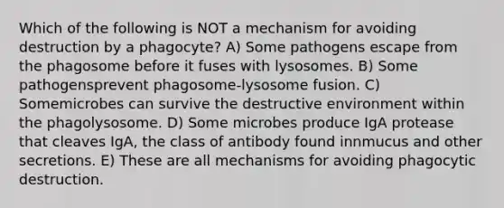 Which of the following is NOT a mechanism for avoiding destruction by a phagocyte? A) Some pathogens escape from the phagosome before it fuses with lysosomes. B) Some pathogensprevent phagosome-lysosome fusion. C) Somemicrobes can survive the destructive environment within the phagolysosome. D) Some microbes produce IgA protease that cleaves IgA, the class of antibody found innmucus and other secretions. E) These are all mechanisms for avoiding phagocytic destruction.