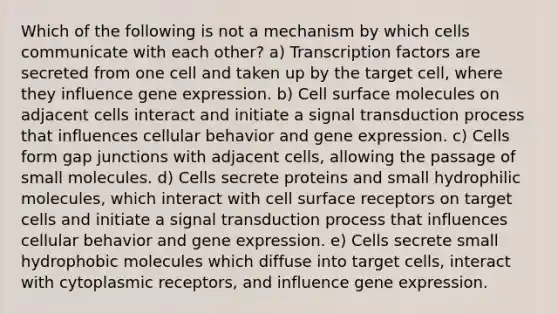 Which of the following is not a mechanism by which cells communicate with each other? a) Transcription factors are secreted from one cell and taken up by the target cell, where they influence gene expression. b) Cell surface molecules on adjacent cells interact and initiate a signal transduction process that influences cellular behavior and gene expression. c) Cells form gap junctions with adjacent cells, allowing the passage of small molecules. d) Cells secrete proteins and small hydrophilic molecules, which interact with cell surface receptors on target cells and initiate a signal transduction process that influences cellular behavior and gene expression. e) Cells secrete small hydrophobic molecules which diffuse into target cells, interact with cytoplasmic receptors, and influence gene expression.