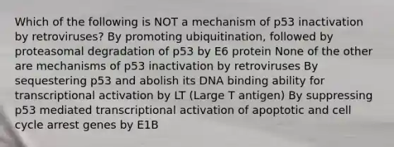 Which of the following is NOT a mechanism of p53 inactivation by retroviruses? By promoting ubiquitination, followed by proteasomal degradation of p53 by E6 protein None of the other are mechanisms of p53 inactivation by retroviruses By sequestering p53 and abolish its DNA binding ability for transcriptional activation by LT (Large T antigen) By suppressing p53 mediated transcriptional activation of apoptotic and cell cycle arrest genes by E1B