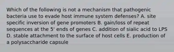 Which of the following is not a mechanism that pathogenic bacteria use to evade host immune system defenses? A. site specific inversion of gene promoters B. gain/loss of repeat sequences at the 5' ends of genes C. addition of sialic acid to LPS D. stable attachment to the surface of host cells E. production of a polysaccharide capsule