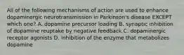 All of the following mechanisms of action are used to enhance dopaminergic neurotransmission in Parkinson's disease EXCEPT which one? A. dopamine precursor loading B. synaptic inhibition of dopamine reuptake by negative feedback C. dopaminergic receptor agonists D. inhibition of the enzyme that metabolizes dopamine