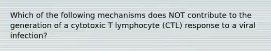 Which of the following mechanisms does NOT contribute to the generation of a cytotoxic T lymphocyte (CTL) response to a viral infection?