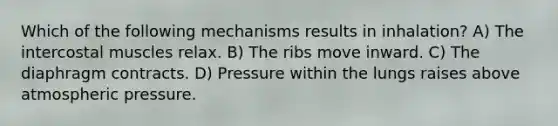 Which of the following mechanisms results in inhalation? A) The intercostal muscles relax. B) The ribs move inward. C) The diaphragm contracts. D) Pressure within the lungs raises above atmospheric pressure.