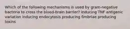 Which of the following mechanisms is used by gram-negative bacteria to cross the blood-brain barrier? inducing TNF antigenic variation inducing endocytosis producing fimbriae producing toxins