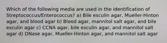 Which of the following media are used in the identification of Streptococcus/Enterococcus? a) Bile esculin agar, Mueller-Hinton agar, and blood agar b) Blood agar, mannitol salt agar, and bile esculin agar c) CCNA agar, bile esculin agar, and mannitol salt agar d) DNase agar, Mueller-Hinton agar, and mannitol salt agar