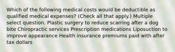 Which of the following medical costs would be deductible as qualified medical expenses? (Check all that apply.) Multiple select question. Plastic surgery to reduce scarring after a dog bite Chiropractic services Prescription medications Liposuction to improve appearance Health insurance premiums paid with after tax dollars