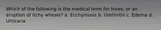 Which of the following is the medical term for hives, or an eruption of itchy wheals? a. Ecchymosis b. Urethritis c. Edema d. Urticaria